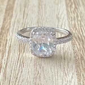 Radiant White Sapphire Halo Ring - Platinum Plated